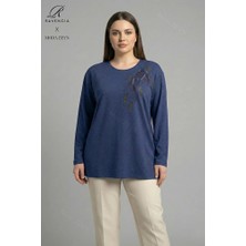 Ravencia Kadın Büyük Beden Renkli Yaprak Desenli Taşlı Likralı Yırtmaçlı Yün Viskon Anne Penye Bluz