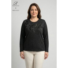 Ravencia Kadın Ağaç Desen Taşlı Likralı Yırtmaçlı Yün Viskon Anne Penye Bluz