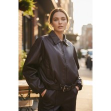 Mandala Tekstil Kadın Crop Kemer Detaylı Deri Ceket