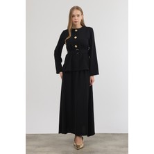 Vavinor Gold Düğme Detaylı Etek Bluz Takım - Siyah