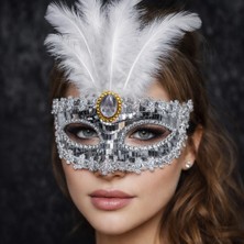 Novytech Lüks Gümüş Tüylü Taşlı Balo Maskesi - Lisinya