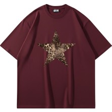 Sekizbiraltı Starz Leopar Baskılı 24/1 Oversize Unisex Bordo Tshirt