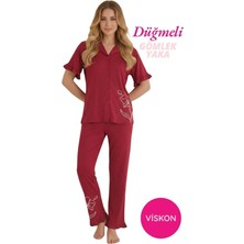 Bie's Kadın Bordo Çiçek Desenli Gömlek Yaka Önden Düğme Viskon Kısa Kol Pijama Takımı