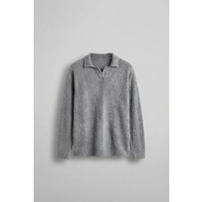 Abluka Online Erkek Polo Yaka Yumuşak Dokulu Oversize Kazak Gri