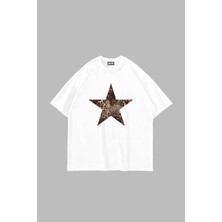 Sekizbiraltı Starz Leopar Baskılı 24/1 Oversize Unisex Beyaz Tshirt