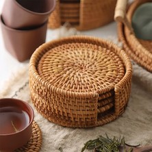 Eternal Sunshine Bambu Hasır Düz Yuvarlak Rattan Bardak Altlığı 6’lı Set & Minimalist Dekoratif Bardak Standı
