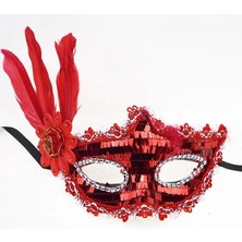 Store Mania Ieg™ Kırmızı Payetli Pullu Kırmızı Renk Yandan Tüylü Parti Maskesi 18X22 cm