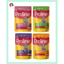 Proline Karışık Yaş Kedi Maması 4’lü Set 85 gr (Tavuklu, Somonlu , Dana Etli, Kuzu Etli) Yetişkin Kediler Için