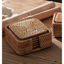 Eternal Sunshine Dikdörtgen Rattan Hasır Bambu Bardak Altlığı 6’lı Set & Dekoratif Kare Bardak Standı
