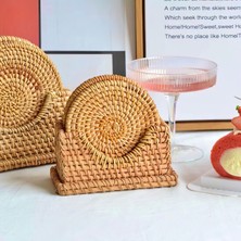 Eternal Sunshine Rattan Bambu Hasır Yuvarlak Bardak Altlığı 6’lı Set & Dekoratif Bardak Standı