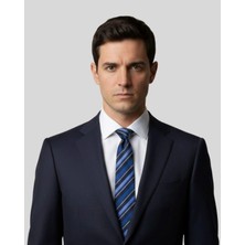 1001 Kravat Gece Mavisi Çizgili 7,5 cm Genişliğinde Ipek Kravat