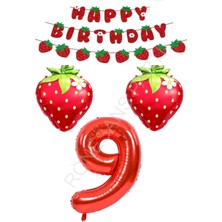 Rönesans Parti Happy Bırthday Yazılı Çilek Konsept Folyo Balon Seti Yaş-9