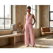 Gizelia Pembe Keten Çizgili Yelek Pantolon Harika Yazlık Takım