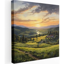 Popcas Huzurlu Günbatımı Köy Manzarası Kanvas Tablo - Günbatımı Ev Dekorasyonu Gerçekçi Yağlı Boyama Köy Yaşamı