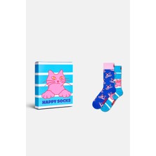 Happy Socks - Çok Renkli Kedi Desenli 2\'li Pamuklu Çorap Seti