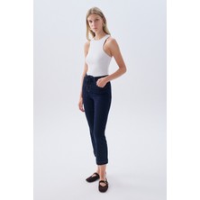 Kadın Koyu İndigo Korse Bağlamalı Cropped Flare Jean Pantolon