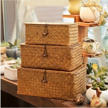 Hasır Dikdörtgen Kapaklı 3’lü Set Banyo Mutfak Makyaj Organizer Düzenleyici Sepet Deniz Yosunu