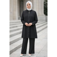 Zg Fashion Kadın Siyah Taşlı Baskılı Boydan Fermuarlı Uzun Kollu Krep Kumaş Pantolonlu Ikili Takım