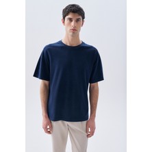 Erkek Lacivert Oversize Bisiklet Yaka T-Shirt