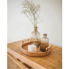 Rattan Kulplu Yuvarlak Tepsi Organizer & Dekoratif Mutfak, Banyo ve Makyaj Sunum Tepsisi