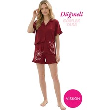 Bie's Kadın Bordo Gül Desenli Gömlek Yaka Önden Düğme Viskon Fırfır Kısa Kol Mini Şort Pijama Takımı