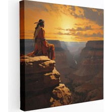 Popcas Kırmızı Kızılderili Duvar Sanatı - Huzurlu Şef Kanvas Tablo - Kızılderili Batan Güneş Ev Dekorasyonu Hayranlık