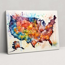 Popcas Amerika Birleşik Devletleri Haritası Kanvas Tablo Baskı - Akışkan Fırça Darbeleriyle Amerika Birleşik Devletleri Haritası Sulu Boya Tablo Ev Dekorasyonu
