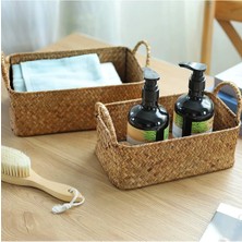 Kulplu Dikdörtgen Hasır Deniz Yosunu Organizer & Çok Amaçlı Banyo, Mutfak ve Makyaj Düzenleyici