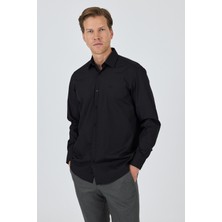 İmza Siyah Sert Yaka Uzun Kol Cepsiz Comfort Fit Pamuklu Gömlek 1004255287