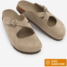 Marjin Kadın Hakiki Deri Önü Kapalı Eva Taban Çapraz Bantlı Günlük Süet Sabo Terlik Menifa Bej Süet