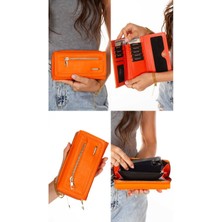 Newish Polo Kadın Deri Desenli Telefon Kağıt Para Bölmeli Kartlık ve Cüzdan NEWPOLO216 - Turuncu