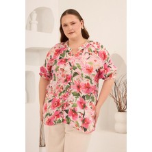 Rmg Çiçek Desenli Büyük Beden Kol Büzgülü Gömlek Fuşya