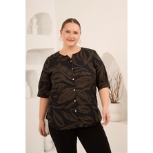 Rmg Hakim Yaka Yaprak Desenli Kadın Büyük Beden Gömlek Haki