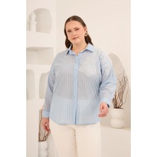 Rmg Aplikeli Çizgili Kadın Büyük Beden Uzun Kol Gömlek Mavi