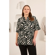 Rmg Zebra Desen Büyük Beden Viskon Gömlek Haki