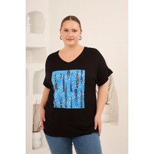 Rmg Baskılı Taş Detaylı Büyük Beden Tişört Siyah