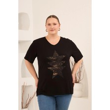 Rmg Yıldız Aplikeli Kadın Büyük Beden Tişört Siyah