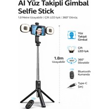 Mo Dou 1.8m 360° Otomatik Yüz Takipli Gimbal Selfie Stick Çift LED Işıklı Tripod Bluetooth Kumandalı Telefon Standı