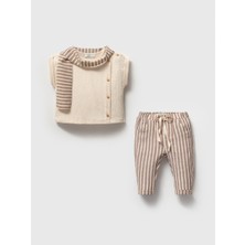 Müslin Kumaş Çizgili Bebek Alt Üst Takım - Fularlı Kolsuz Gömlek ve Pantolon Set