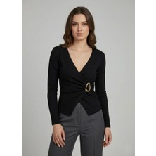 Mersi Ortadan Kopcalı Siyah Bluz