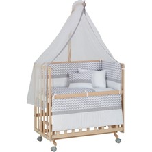 Babycom 50X90 Naturel Boyasız 4 Kademeli Tekerlekli Beşik + Gri Zikzak Uyku Seti