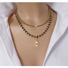 Sinem Şanlı Atelier Minimal Haki Ikili Kolye Kristal Boncuk & Tatlı Su Incisi