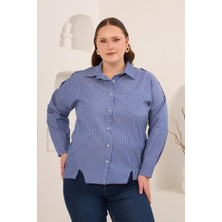 Rmg Çizgili Büyük Beden Omuz Apolet Detaylı Gömlek Mavi