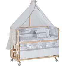 Babycom 60X120 Naturel Boyasız 4 Kademeli Tekerlekli Beşik + Gri Zikzak Uyku Seti