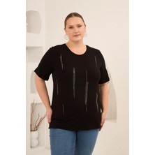 Rmg Dikey Taş Baskıl Kadın Büyük Beden Tişört Siyah