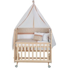 Babycom 50X90 Naturel Boyasız 4 Kademeli Tekerlekli Beşik + Kahve Yıldızlı Uyku Seti