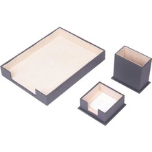 Güner Ofis Gri Deri 3 Parça Masaüstü Seti Tekli Evrak Rafı Kalemlik Ve Notluk Düzenleyici