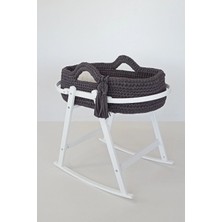 Babycom Beyaz Ahşap Çemberli Beşik Standı + Koyu Gri Örgü Sepet