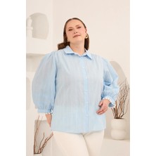 Rmg Balon Kol Ponpon Detaylı Kadın Büyük Beden Gömlek Mavi