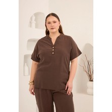 Rmg Ön Düğmeli Büyük Beden Modal Bluz Kahve